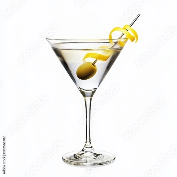 Fototapeta An elegant martini with an olive and lemon twist, presented against an isolated white background, minimalism art style