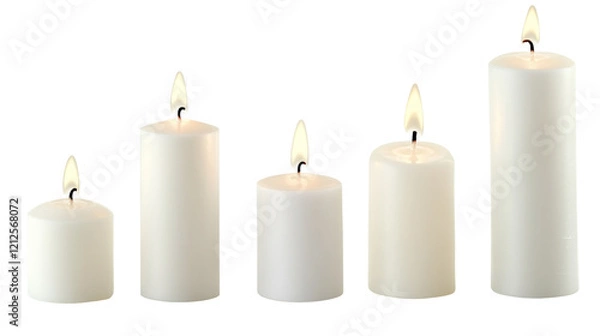 Fototapeta White candles in different sizes, isolated on transparent background