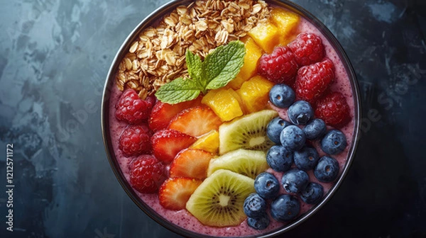 Fototapeta Healthy smoothie bowl with colorful fruits and granola in a top-down view