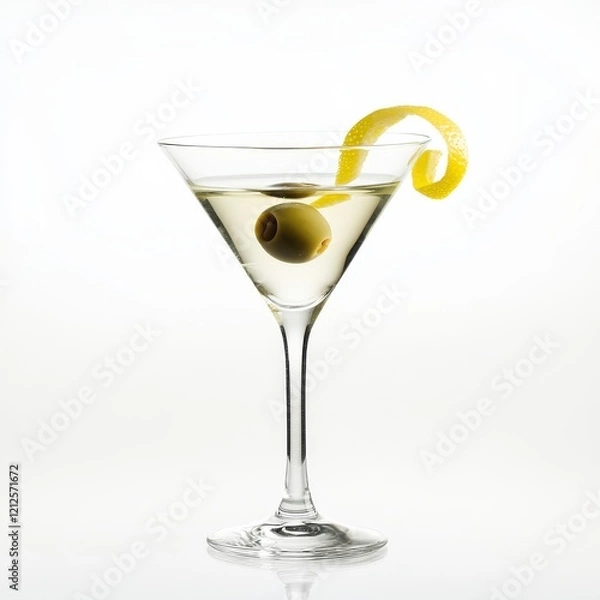Fototapeta An elegant martini with an olive and lemon twist, presented against an isolated white background, minimalism art style
