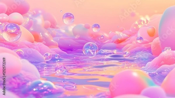 Fototapeta Bouncing bubbles and neon pink surrealism dreamlike atmosphere digital art whimsical environment creative perspective