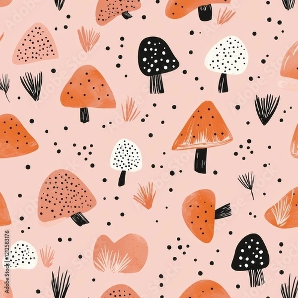 Fototapeta Silhouettes of abstract leaves on a geometric background with doodles and minimal texture.