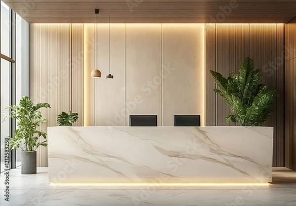 Fototapeta A sleek reception desk with a marble top and a white background wall, showcasing an office environment in the backdrop.