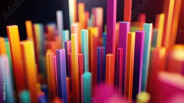 Fototapeta A dynamic D bar graph displayed on a digital screen, showcasing vibrant colors and varying heights, illustrating impressive business growth trends in a corporate environment.