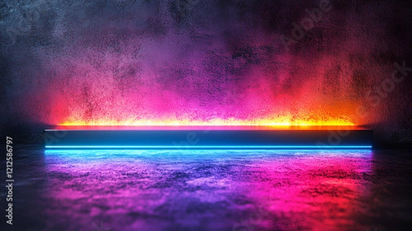 Fototapeta Bright neon light bars, blue below and orange/red above, illuminate a smoky, dark room
