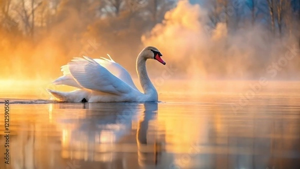 Fototapeta A majestic mute swan glides effortlessly across a serene mist-covered lake at dawn, its snowy feathers glistening in the soft morning light , Nature Wildlife, Birds In Water