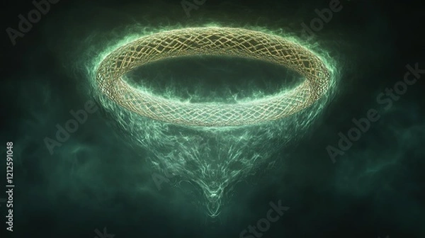 Fototapeta A floating halo with intricate woven patterns glowing in soft hues of emerald and gold