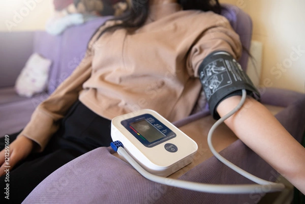 Obraz  A woman is testing her blood pressure while lying in bed.