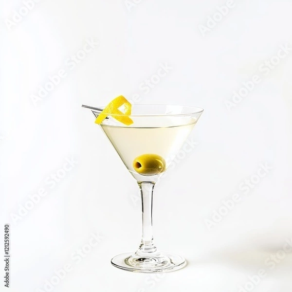 Fototapeta An elegant Martini with olive and lemon zest, displayed against an isolated white background, minimalist art style
