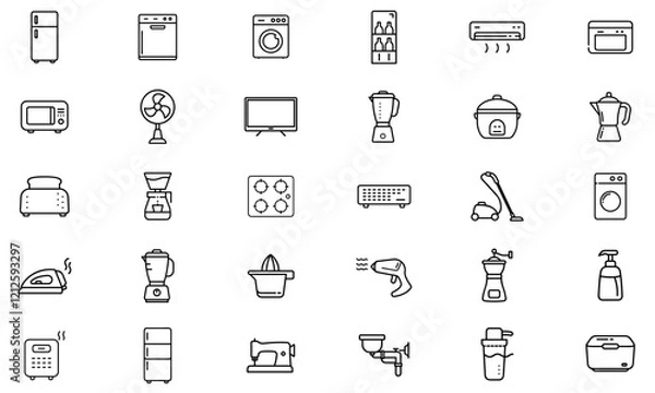 Obraz Set of 30 Outline Icons Related to Kitchen, Living Room, Laundry, Cleaning, and Home Appliances. Editable Stroke. Vector Illustration.