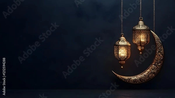 Obraz Ornate Crescent Moon with Hanging Lanterns for Ramadan or Eid