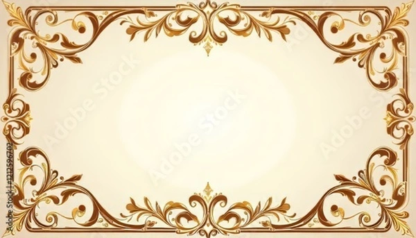 Fototapeta Elegant ornate frame design with golden floral patterns on light beige background.