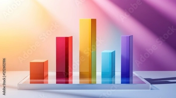 Fototapeta A realistic D bar chart rising from a transparent glass platform, with each bar cast in different colors and shadows, showcasing business growth.