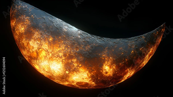 Fototapeta Fiery crescent moon glowing in cosmic night sky, surrounded by soft clouds and stars
