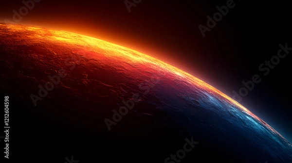 Fototapeta Bright sunlight lights up a round planet, with fiery orange on one side and blue on the other