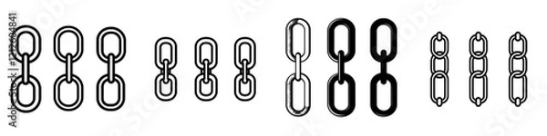 Fototapeta A collection of black chains with varying thicknesses. Chain links are isolated on a white background. Link icon.
