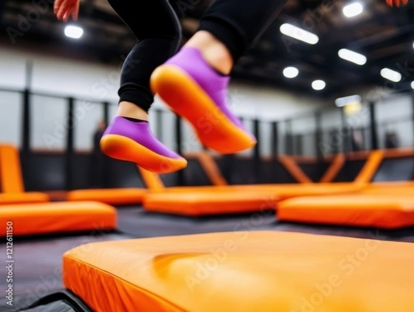 Fototapeta A person jumps on a trampoline in a vibrant indoor space, showcasing colorful trampolines and a playful atmosphere.