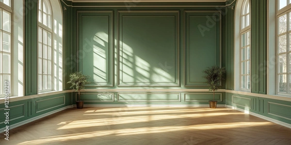 Fototapeta Sunlit green room interior design vintage style architectural photography elegant environment wide-angle view serenity concept