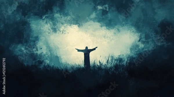 Fototapeta Silhouette Figure Open Arms In Dark Landscape