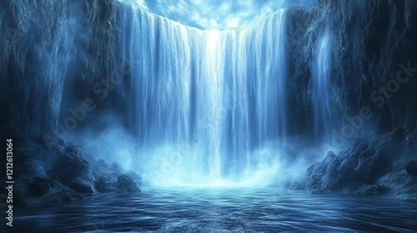 Fototapeta A serene waterfall cascading into a tranquil pool, surrounded by mist and ethereal light, evoking peace and wonder.