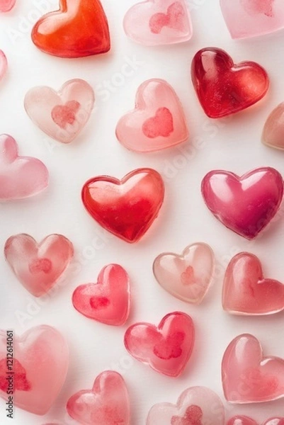 Fototapeta Many colorful hearts arranged on a clean white background