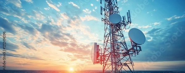 Fototapeta A towering telecommunications tower with satellite dishes against a beautiful sunset and cloudy sky.