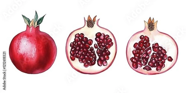 Fototapeta Watercolor illustration of three fresh ripe red pomegranates, one whole, one cut open, and one with the seeds removed. ,


