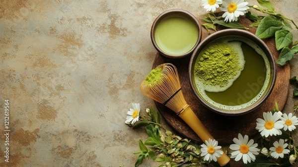 Fototapeta Overhead view of a cup of tea surrounded by fresh green leaves on a pale yellow background.