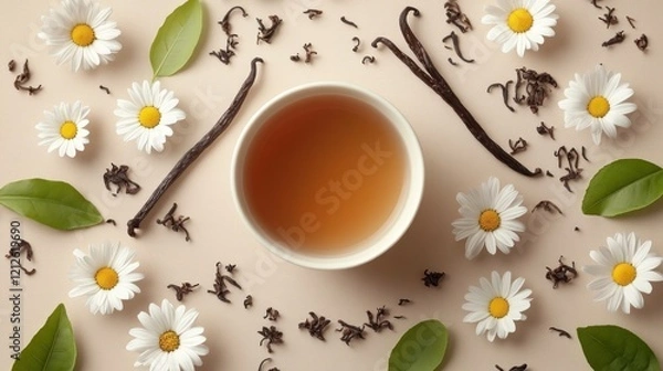 Fototapeta Overhead view of a cup of tea surrounded by fresh green leaves on a pale yellow background.