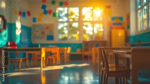 Fototapeta Blurry and colorful image of a sunny elementary school classroom