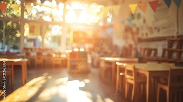 Fototapeta Blurry and colorful image of a sunny elementary school classroom