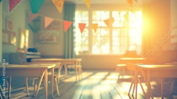 Fototapeta Blurry and colorful image of a sunny elementary school classroom