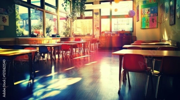 Fototapeta Blurry and colorful image of a sunny elementary school classroom