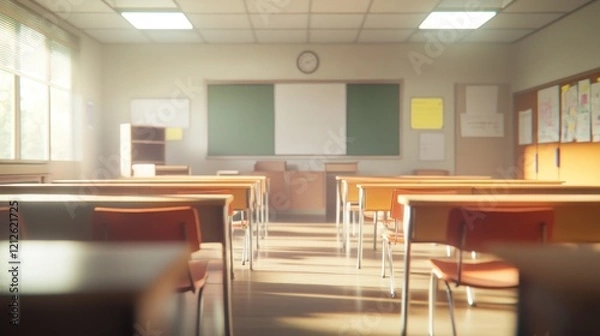 Fototapeta Blurry and colorful image of a sunny elementary school classroom