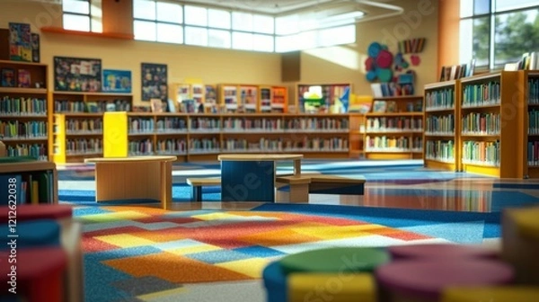 Fototapeta Blurry and colorful image of a sunny elementary school classroom