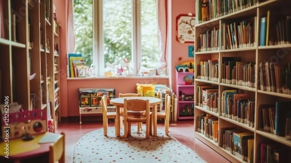 Fototapeta Blurry and colorful image of a sunny elementary school classroom