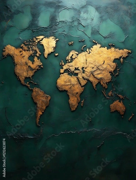 Obraz Embossed gold world map on dark teal background.