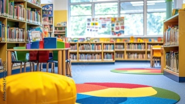 Fototapeta Blurry and colorful image of a sunny elementary school classroom