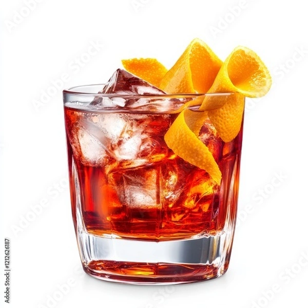Fototapeta An elegant Negroni with orange twist and ice, presented against an isolated white background, realism art style