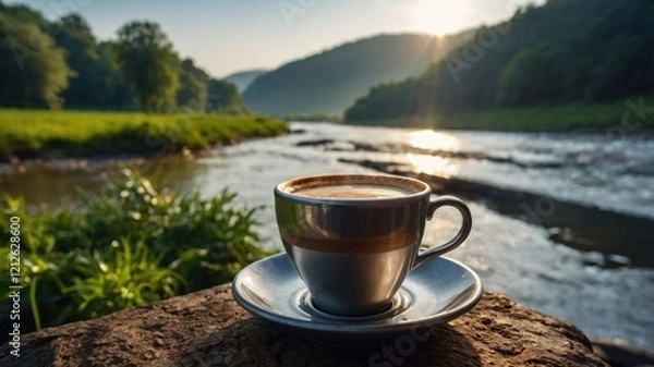 Fototapeta A serene view of a coffee cup beside a river at sunrise, evoking relaxation and nature.