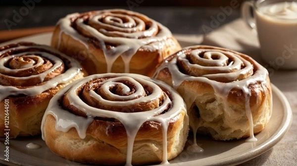 Fototapeta Freshly baked cinnamon rolls drizzled with icing, served on a plate with a cup of cream.