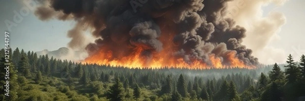 Fototapeta Wildfire consuming a lush green forest with thick smoke rising in the air, destroyed habitat, global warming