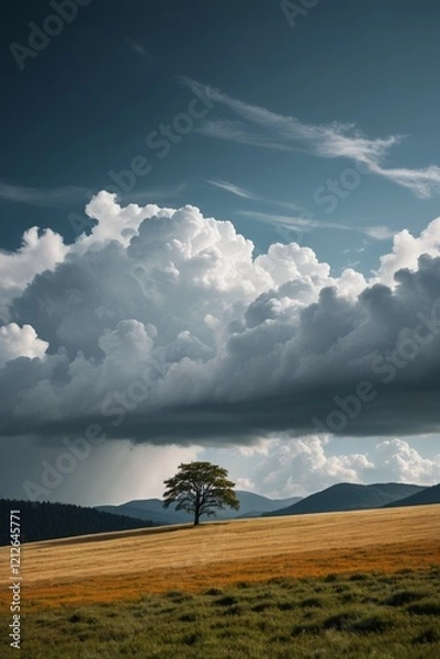 Obraz there is a lone tree in a field with a cloudy sky