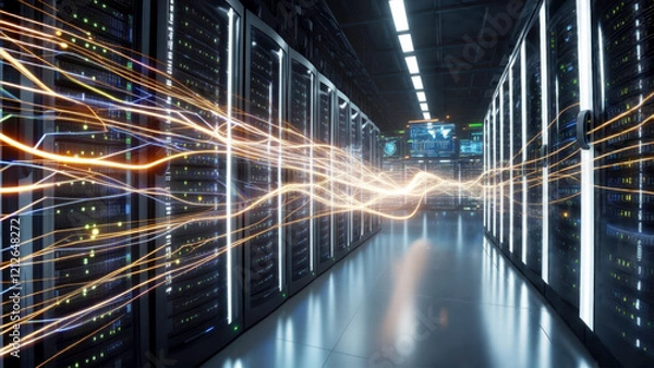 Fototapeta High-Speed Data Flow Through a Modern Data Center with Illuminated Server Racks