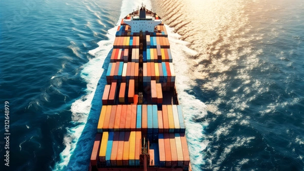 Fototapeta Global Trade: Aerial View of a Container Ship Navigating the Ocean at Sunrise for International Shipping