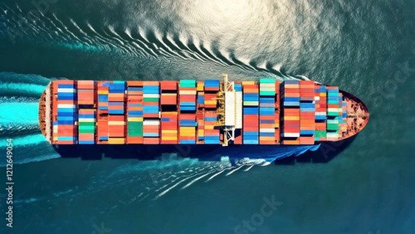 Fototapeta Global Shipping: Aerial View of a Fully Loaded Cargo Ship Navigating the Open Seas with Vibrant Containers