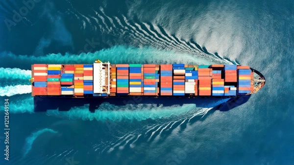 Fototapeta Global Shipping: Aerial View of a Fully Loaded Cargo Ship Navigating the Open Seas with Vibrant Containers