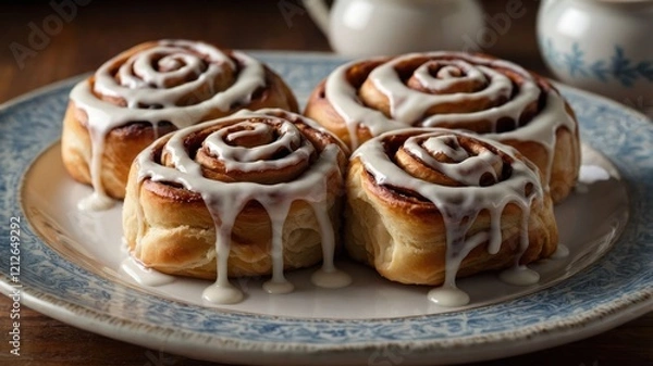 Fototapeta A plate of freshly baked cinnamon rolls drizzled with icing, perfect for a sweet treat.