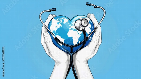 Fototapeta Global Health Care: Hands Cradling a Heart-Shaped Earth with a Stethoscope Symbolizing Well-Being