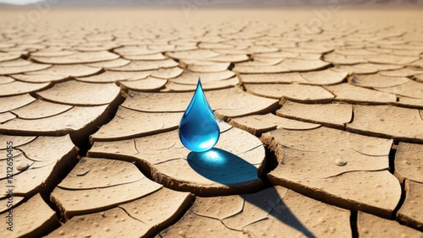 Fototapeta Last Drop of Water on Cracked Desert Soil. A Stark Reminder of Water Scarcity and Climate Change Impact